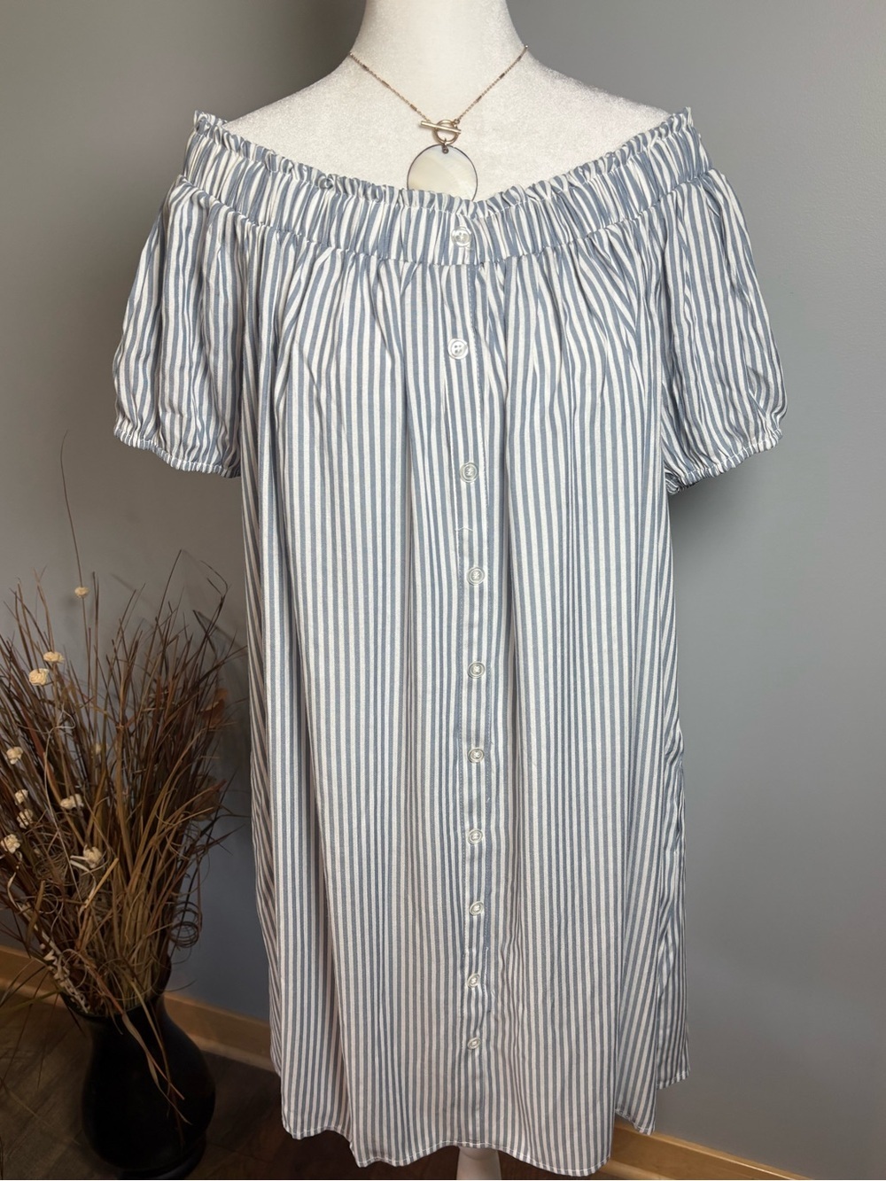 NWT Ninexis XL Coastal Blue White Stripe Off Shoulder Dress